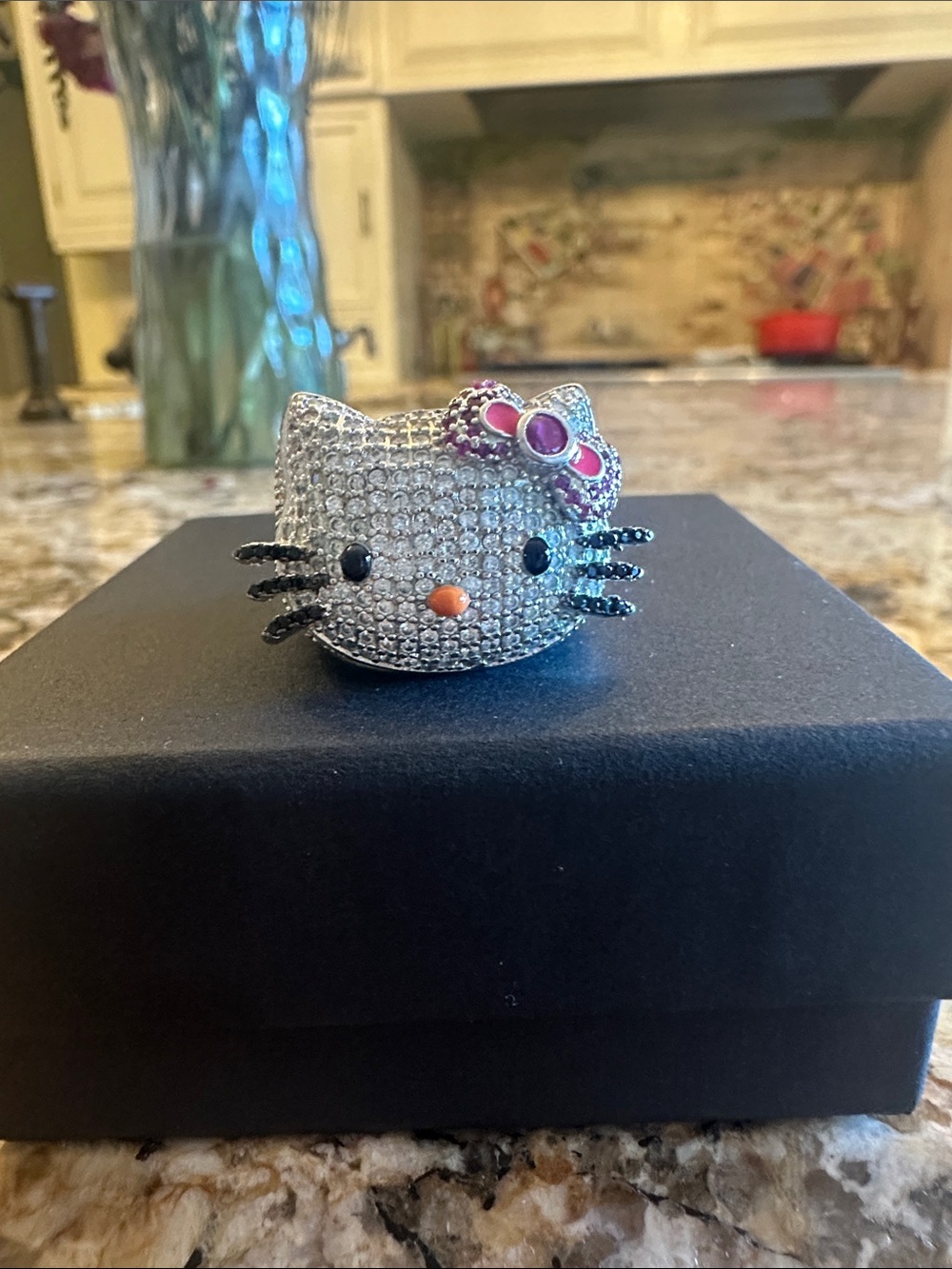 Crystal Kitty Face Ring with Pink Bow